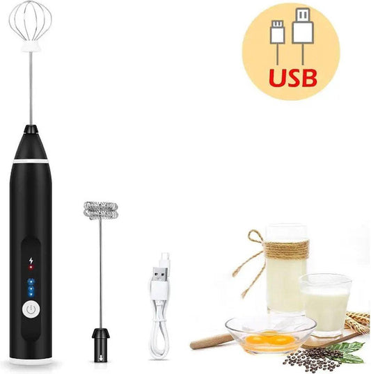 2-in-1 Electric Coffee Frother, USB Rechargeable, Egg Beater, Keep Mixer, Black.