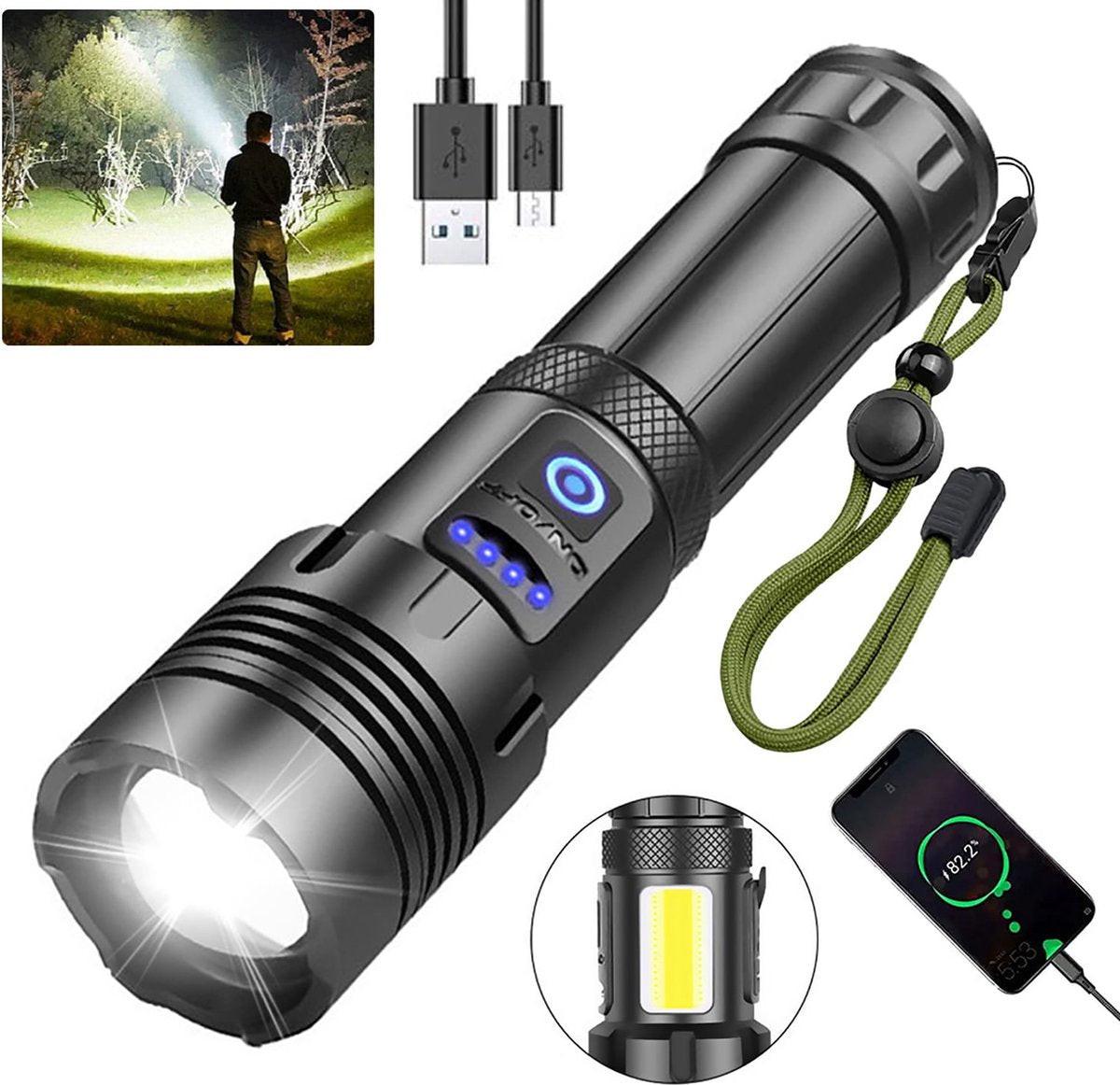 Flashlight - Rechargeable LED - Military Flashlight - 100,000 lumens - with 7 modes - COB side light - Waterproof - For emergencies, camping, home.