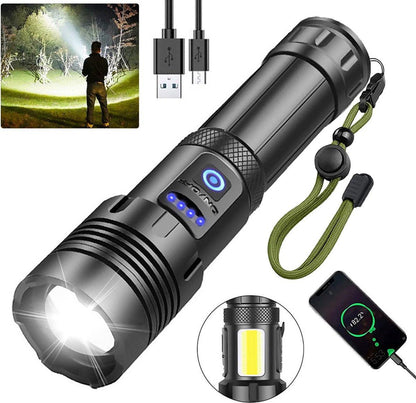 Flashlight - Rechargeable LED - Military Flashlight - 100,000 lumens - with 7 modes - COB side light - Waterproof - For emergencies, camping, home.