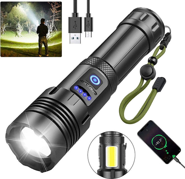 Flashlight - Rechargeable LED - Military Flashlight - 100,000 lumens - with 7 modes - COB side light - Waterproof - For emergencies, camping, home. Hover Image