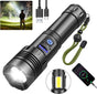 Flashlight - Rechargeable LED - Military Flashlight - 100,000 lumens - with 7 modes - COB side light - Waterproof - For emergencies, camping, home.