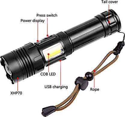 Flashlight - Rechargeable LED - Military Flashlight - 100,000 lumens - with 7 modes - COB side light - Waterproof - For emergencies, camping, home.