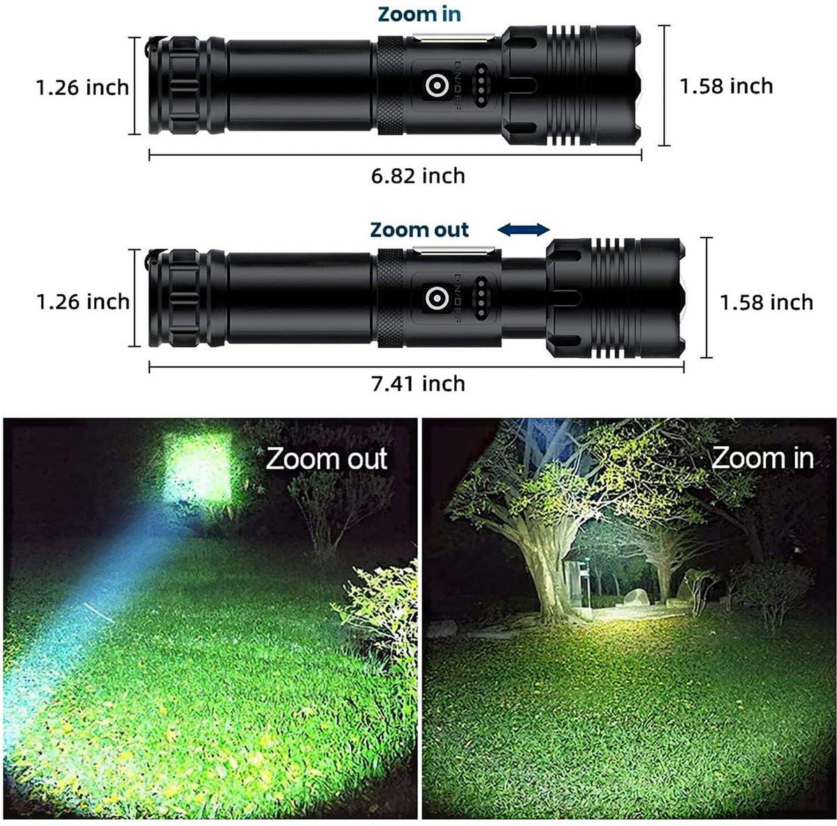 Flashlight - Rechargeable LED - Military Flashlight - 100,000 lumens - with 7 modes - COB side light - Waterproof - For emergencies, camping, home.
