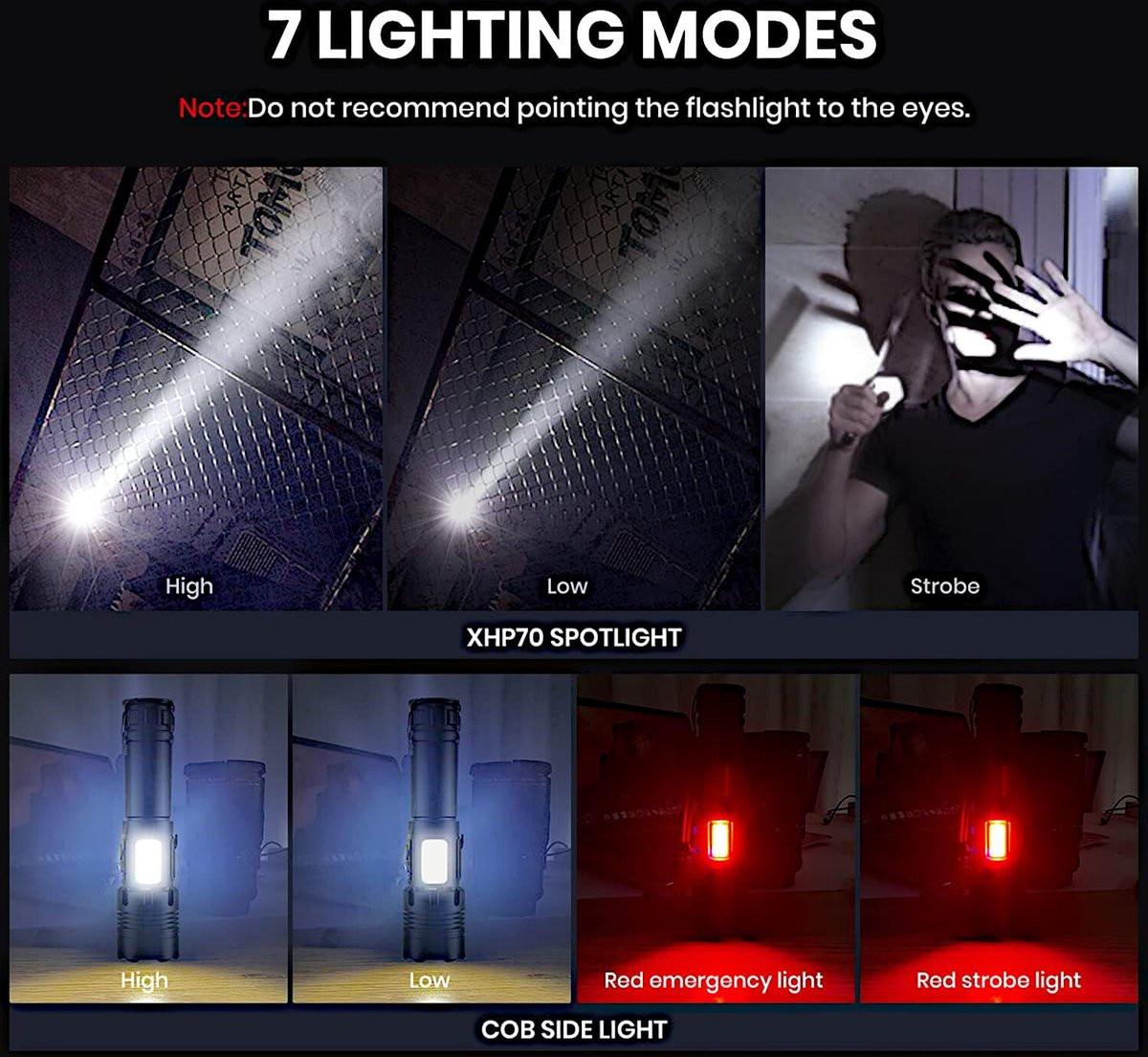 Flashlight - Rechargeable LED - Military Flashlight - 100,000 lumens - with 7 modes - COB side light - Waterproof - For emergencies, camping, home.