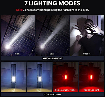Flashlight - Rechargeable LED - Military Flashlight - 100,000 lumens - with 7 modes - COB side light - Waterproof - For emergencies, camping, home.