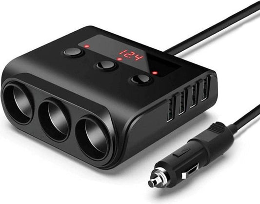 Car cigarette lighter splitter with 12V/24V voltmeter - 4x 5V/3.1A USB inputs - 3 cigarette lighter sockets - car charger - car accessories - SIG04USB - Black.