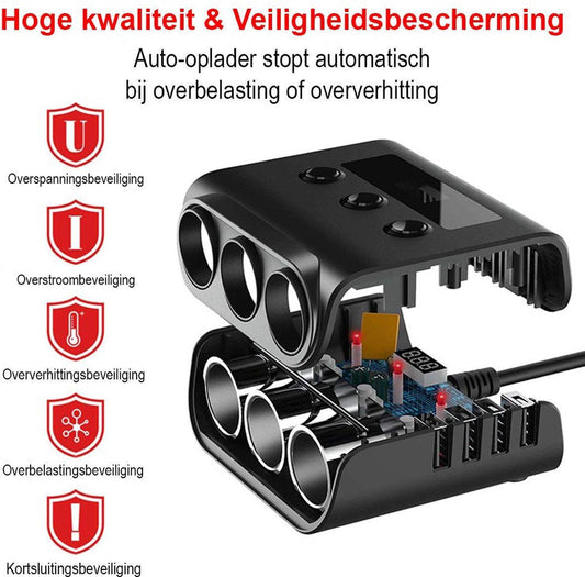 Car cigarette lighter splitter with 12V/24V voltmeter - 4x 5V/3.1A USB inputs - 3 cigarette lighter sockets - car charger - car accessories - SIG04USB - Black.