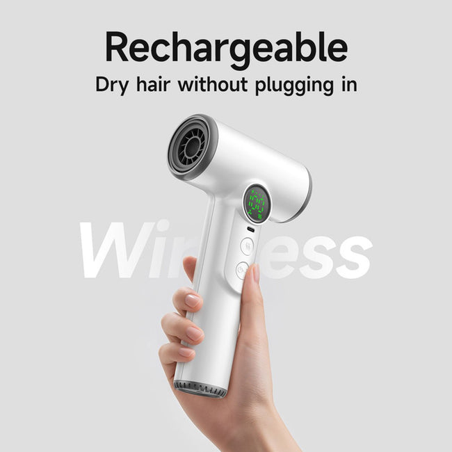 Professional cordless hair dryer - 3 speeds and 3 temperatures, USB rechargeable battery, 200W, portable with digital display for women, beach and camping Main Image