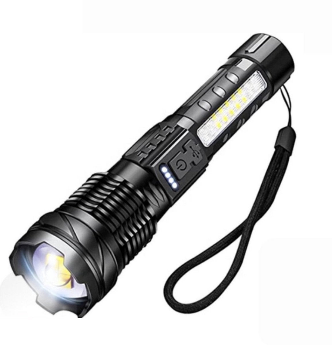 Waterproof and powerful LED flashlight - 10,000 lumens - 5 lighting modes - Rechargeable and zoomable - Long beam - Survival and outdoor use - Batteries included - USB-C rechargeable - Emergency kit - Camping.