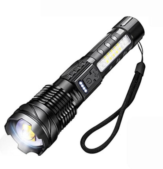 Waterproof and powerful LED flashlight - 10,000 lumens - 5 lighting modes - Rechargeable and zoomable - Long beam - Survival and outdoor use - Batteries included - USB-C rechargeable - Emergency kit - Camping.