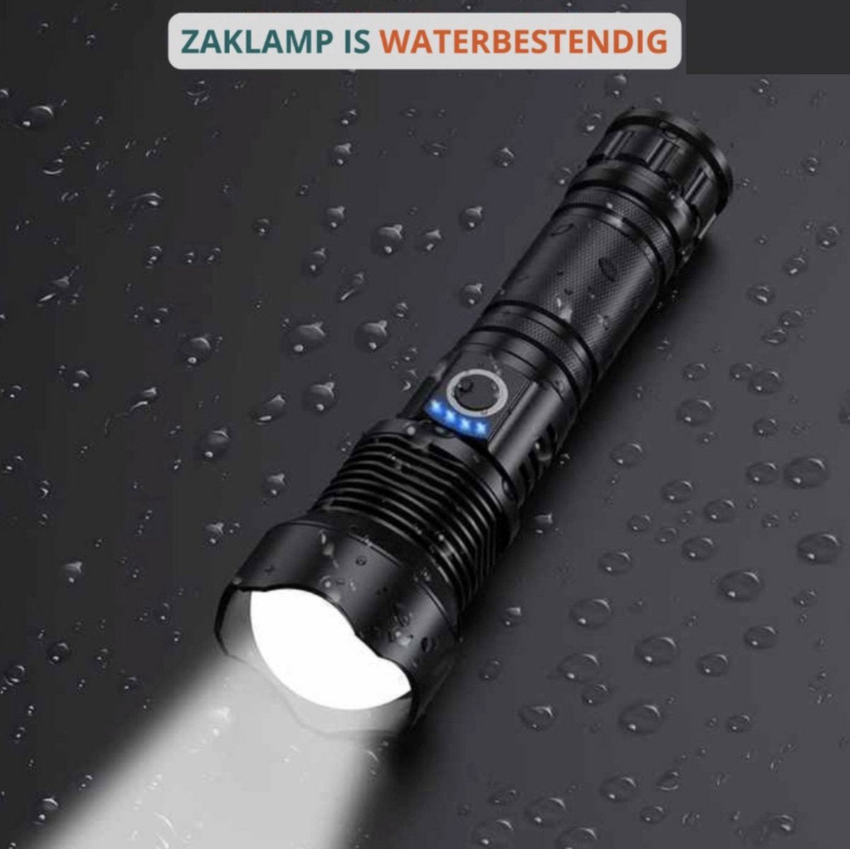 Waterproof and powerful LED flashlight - 10,000 lumens - 5 lighting modes - Rechargeable and zoomable - Long beam - Survival and outdoor use - Batteries included - USB-C rechargeable - Emergency kit - Camping.