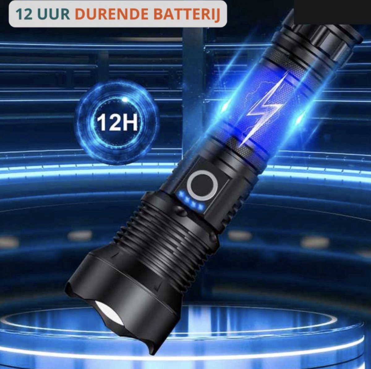 Waterproof and powerful LED flashlight - 10,000 lumens - 5 lighting modes - Rechargeable and zoomable - Long beam - Survival and outdoor use - Batteries included - USB-C rechargeable - Emergency kit - Camping.