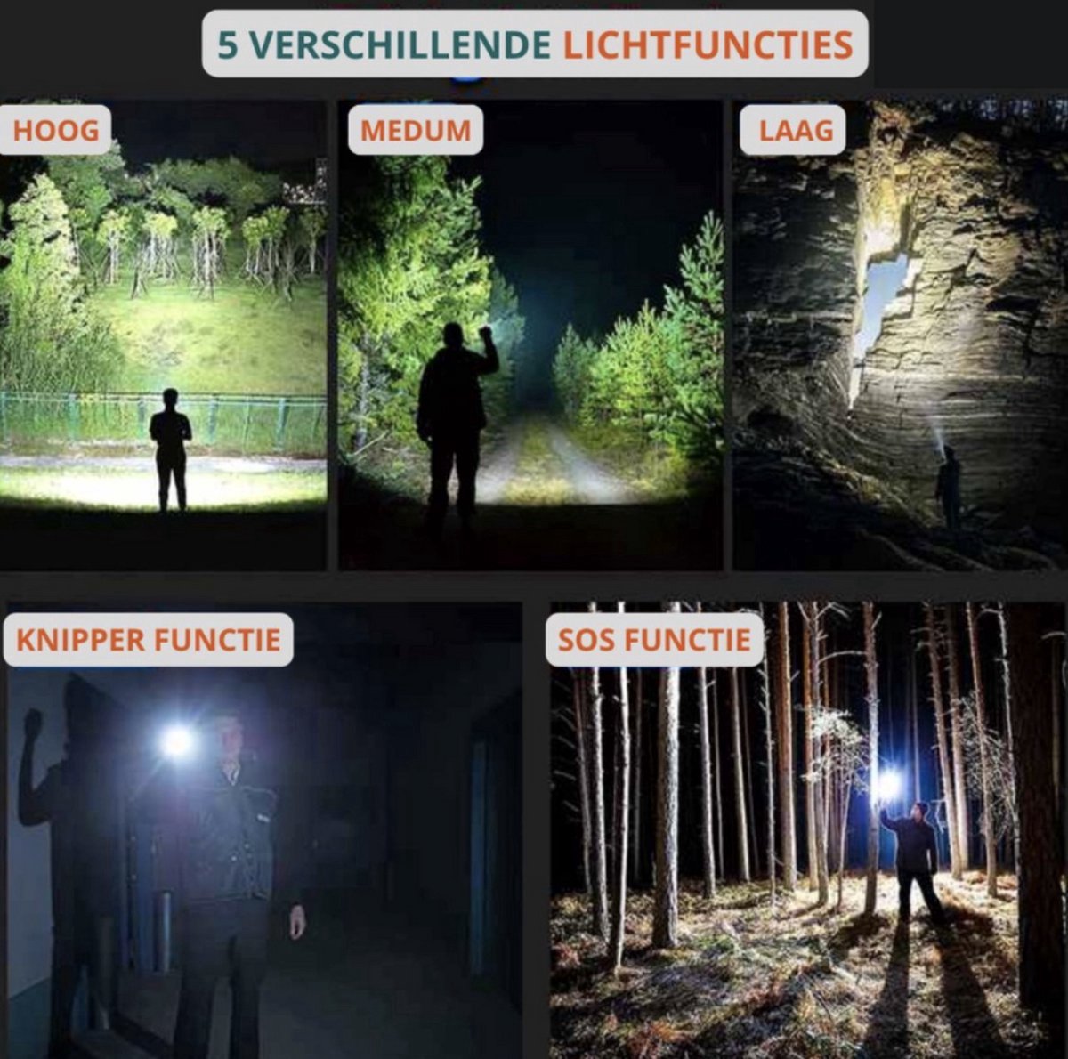 Waterproof and powerful LED flashlight - 10,000 lumens - 5 lighting modes - Rechargeable and zoomable - Long beam - Survival and outdoor use - Batteries included - USB-C rechargeable - Emergency kit - Camping.
