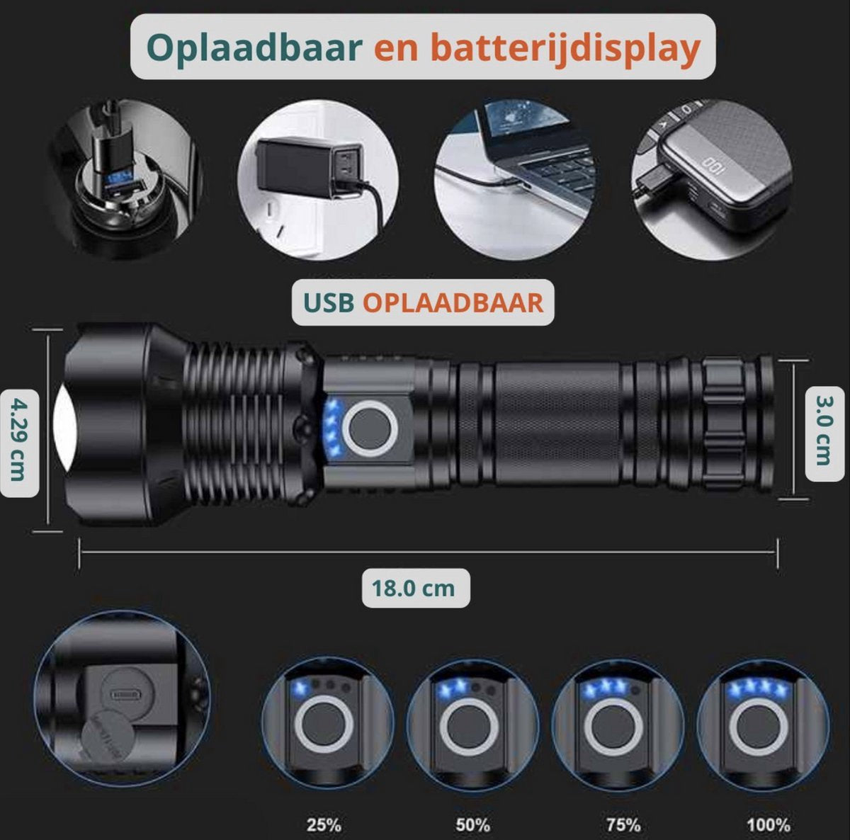 Waterproof and powerful LED flashlight - 10,000 lumens - 5 lighting modes - Rechargeable and zoomable - Long beam - Survival and outdoor use - Batteries included - USB-C rechargeable - Emergency kit - Camping.