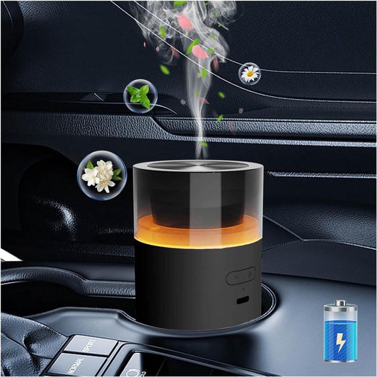 Car essential oil diffuser with automatic on/off function, portable humidifier with memory function, battery operated, with 8-color ambient light for car, home, office and travel (black).