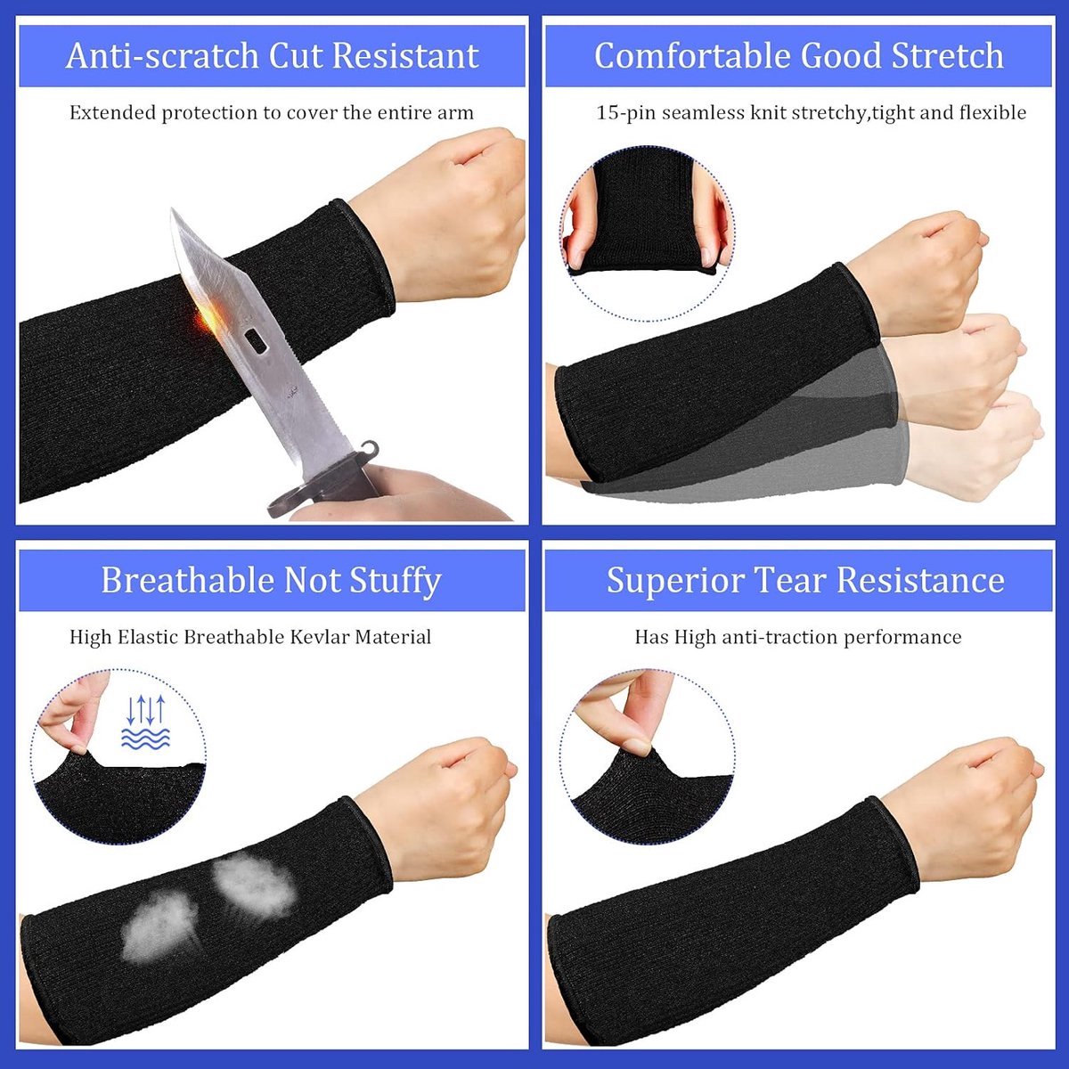 3 pairs of arm protectors for thin skin and bruises, cut-resistant forearm sleeves, level 5 burn protection (7.9 inches) - Black