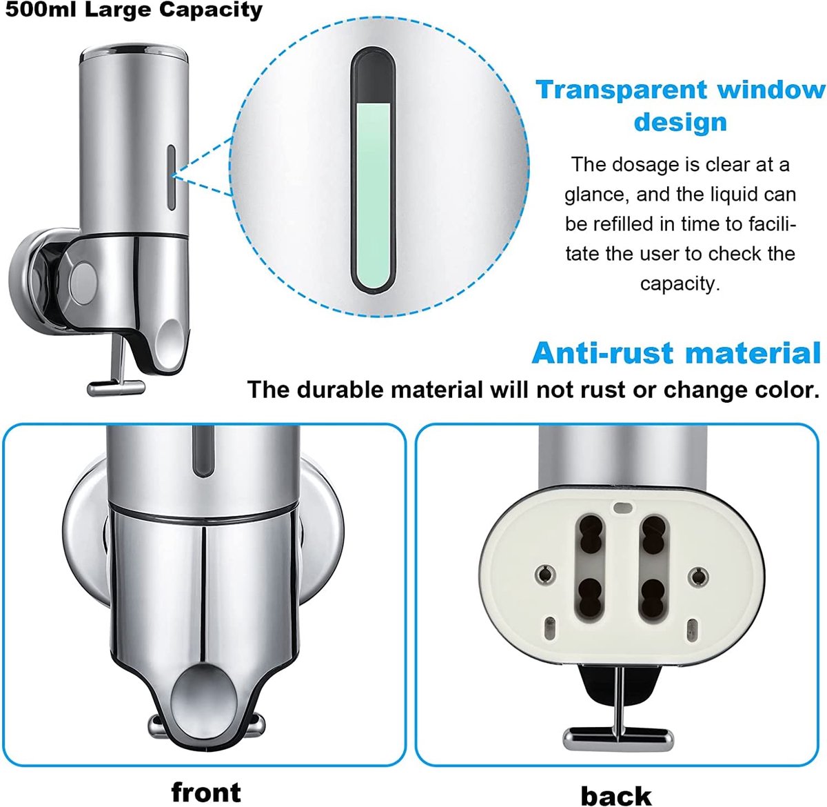 Soap dispenser - Wall-mounted soap dispenser - Soap dispenser - 500ml pump - Suspended - Brushed stainless steel - Bathroom - Toilet - Shower - Black