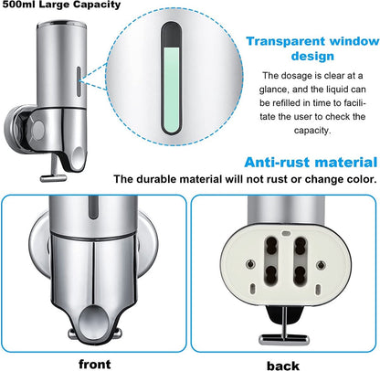 Soap dispenser - Wall-mounted soap dispenser - Soap dispenser - 500ml pump - Suspended - Brushed stainless steel - Bathroom - Toilet - Shower - Black