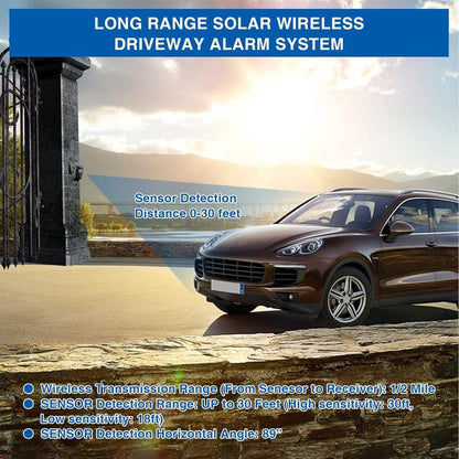 Driveway alarm - Entry detector - Solar driveway alarm - Motion detector - Wireless = Security - Wireless solar driveway alarm - Motion detector - Doorbell - DIY security system - (2 sensors and 1 doorbell).