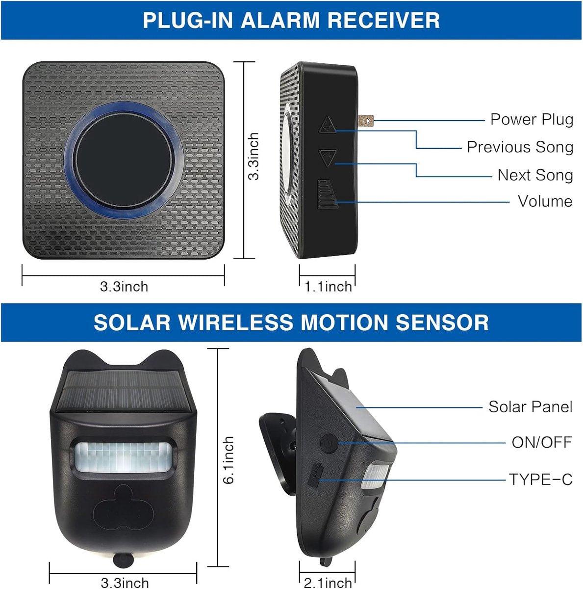 Driveway alarm - Entry detector - Solar driveway alarm - Motion detector - Wireless = Security - Wireless solar driveway alarm - Motion detector - Doorbell - DIY security system - (2 sensors and 1 doorbell).