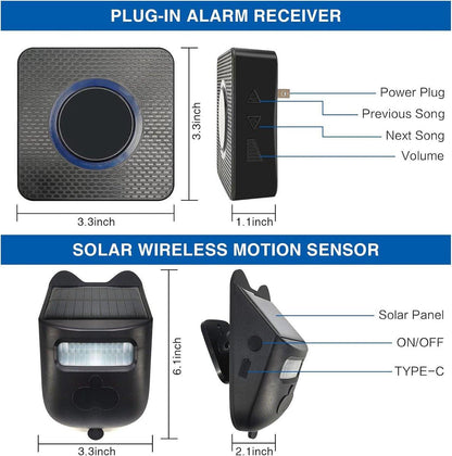 Driveway alarm - Entry detector - Solar driveway alarm - Motion detector - Wireless = Security - Wireless solar driveway alarm - Motion detector - Doorbell - DIY security system - (2 sensors and 1 doorbell).