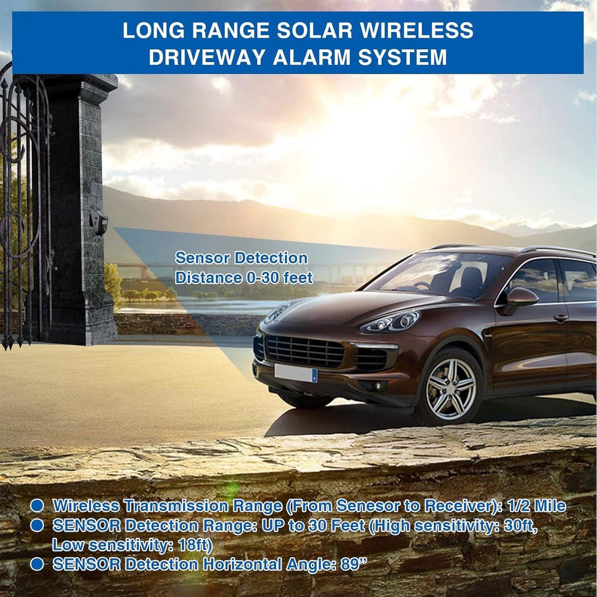 Driveway alarm - Entry detector - Solar driveway alarm - Motion detector - Wireless = Security - Wireless solar driveway alarm - Motion detector - Doorbell - DIY security system - (1 sensor and 2 doorbells).