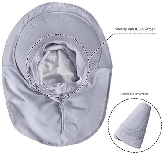 Women's and Men's Sun Hat - Foldable Garden Hat - Wide Brim with Neck Flap - With Chin Strap - For Outdoor Activities and Gardening - Light Grey - 1 Piece