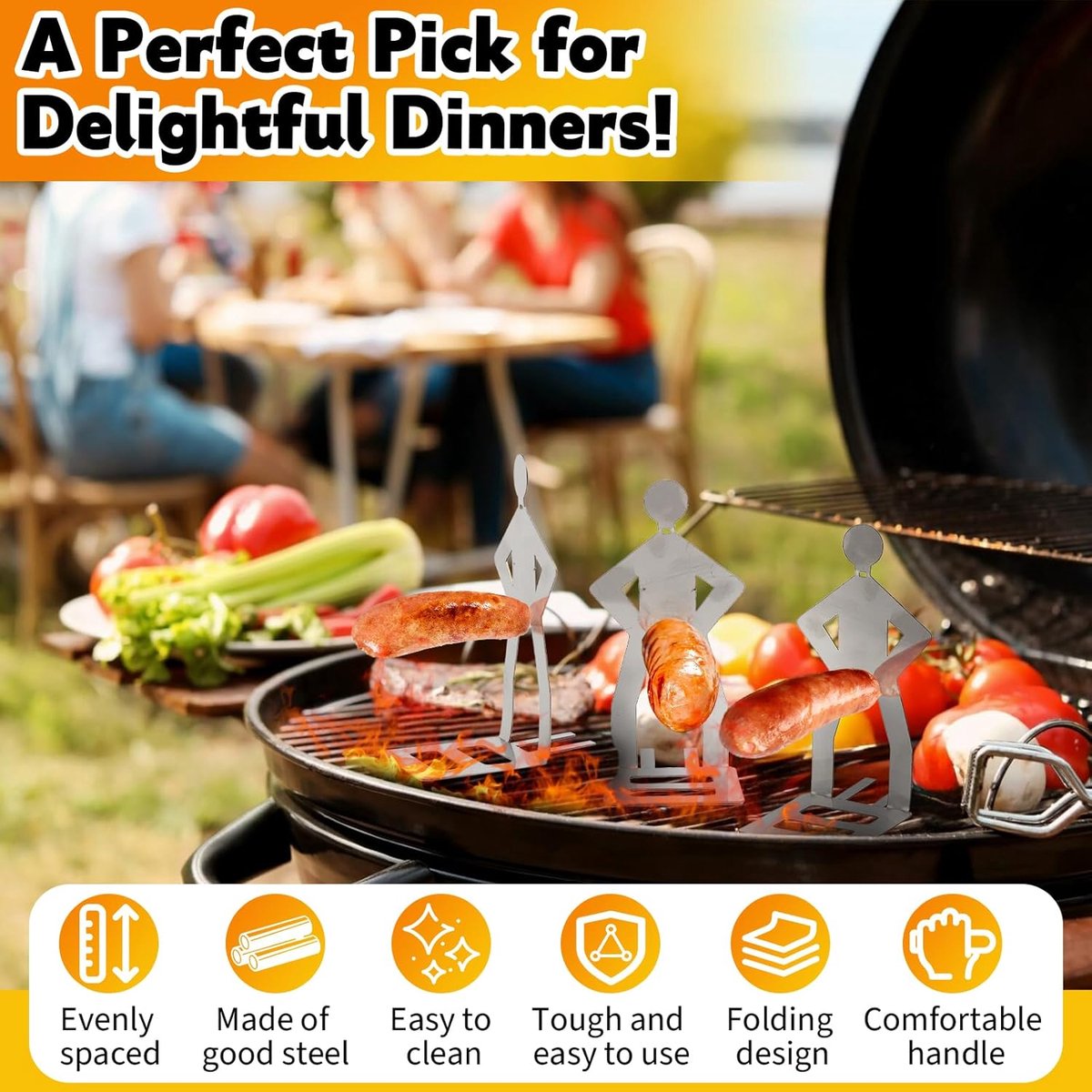 BBQ Stainless Steel Sausage Holder, 3 Pieces, Portable Standing Man Stand, Fun Fork for Camping, Picnic, Garden, Kitchen, BBQ, Gifts for Men