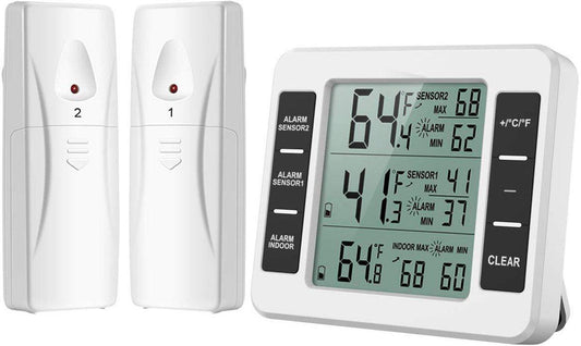 Thermometer - thermometers - indoor thermometer - freezer thermometer - freezer thermometer - digital hygrometer - with 2 sensors - for freezer with temperature alarm, MIN/MAX, temperature trend arrow display.