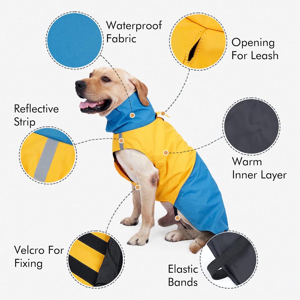 Dog Raincoat - Dog Jacket - Waterproof Winter Dog Jackets - Windproof Dog Jacket - Winter Dog Jacket - Reflective Strip - Perfect for Small Dogs - Medium-Sized Dogs - Blue and Yellow - Size S