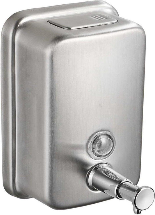 Durable commercial wall-mounted stainless steel soap dispenser with a large capacity for hand soap, rust-resistant design, perfect for bathrooms, hotels, restaurants or homes (brushed silver).