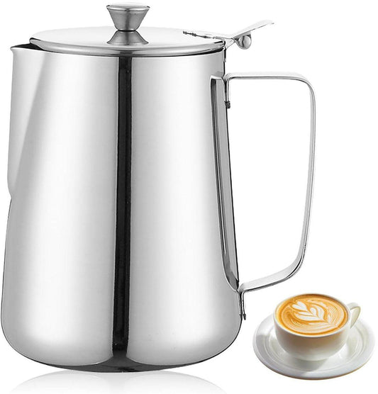 Milk Jug - Barista Latte Artisan Accessories with Lid - 600ml Milk Jug - Stainless Steel Milk Jug with Lid - Milk Frothing Jug - Coffee Milk Jug with Cup - Suitable for Cappuccino, Espresso, and Barista Use.