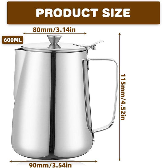 Milk Jug - Barista Latte Artisan Accessories with Lid - 600ml Milk Jug - Stainless Steel Milk Jug with Lid - Milk Frothing Jug - Coffee Milk Jug with Cup - Suitable for Cappuccino, Espresso, and Barista Use.