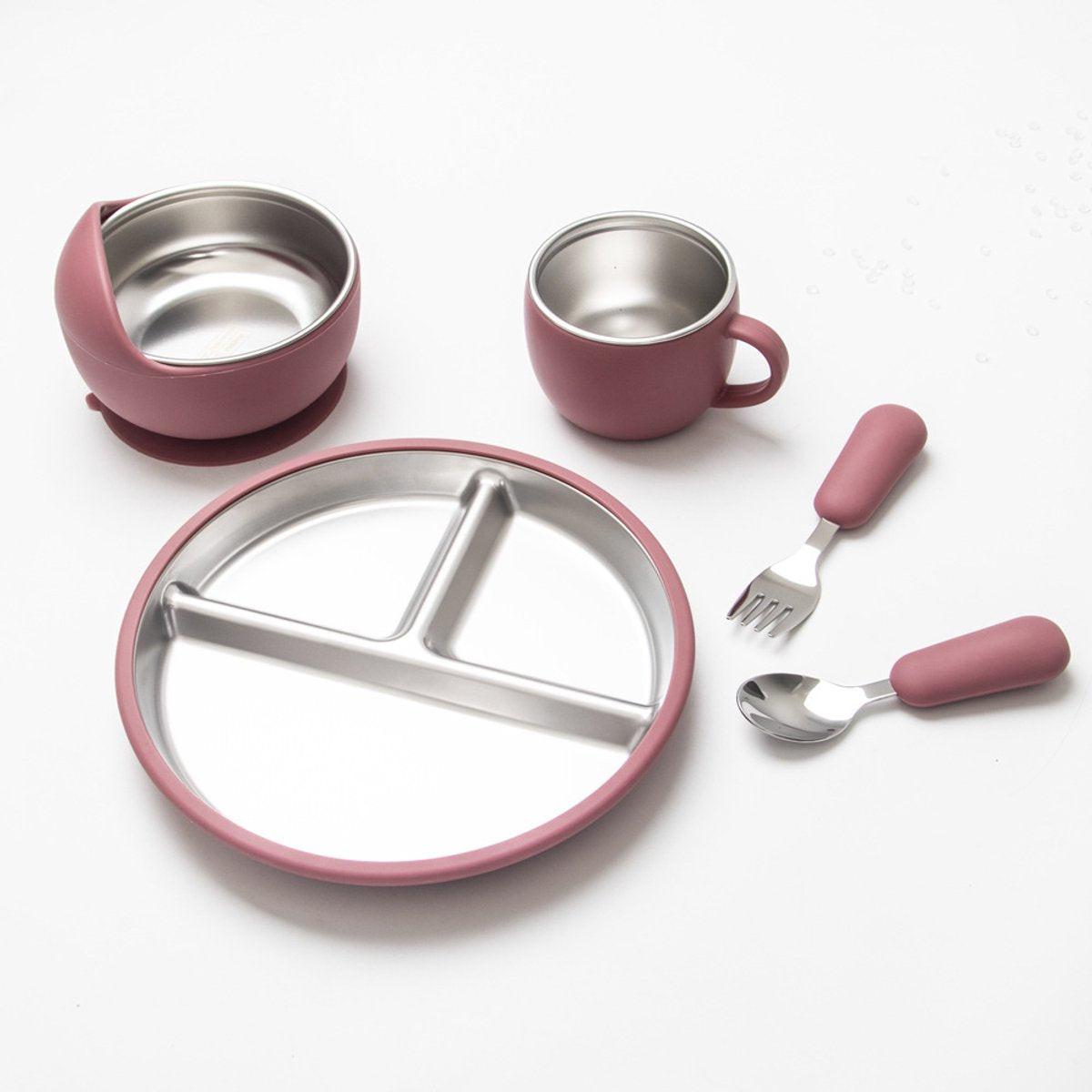 5-Piece Set - Children's Plate - Baby Plate in Stainless Steel - BPA-Free - Non-Slip - Unbreakable - Removable - Suitable for Children 1-3 Years Old - Includes Plate, Bowl, Cup, Fork, Spoon - Pink.