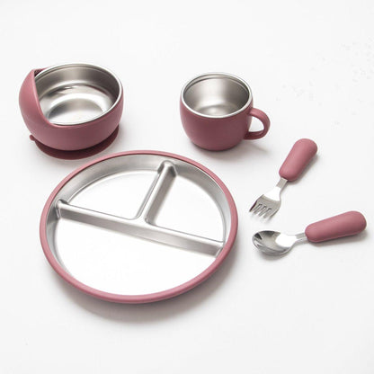 5-Piece Set - Children's Plate - Baby Plate in Stainless Steel - BPA-Free - Non-Slip - Unbreakable - Removable - Suitable for Children 1-3 Years Old - Includes Plate, Bowl, Cup, Fork, Spoon - Pink.