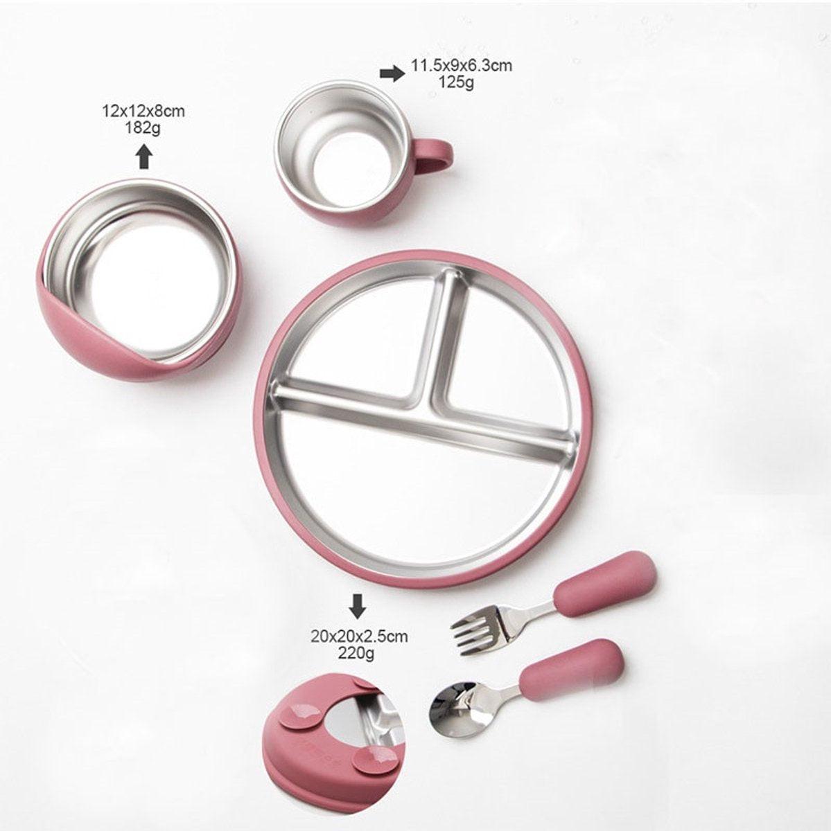 5-Piece Set - Children's Plate - Baby Plate in Stainless Steel - BPA-Free - Non-Slip - Unbreakable - Removable - Suitable for Children 1-3 Years Old - Includes Plate, Bowl, Cup, Fork, Spoon - Pink.