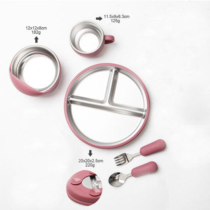 5-Piece Set - Children's Plate - Baby Plate in Stainless Steel - BPA-Free - Non-Slip - Unbreakable - Removable - Suitable for Children 1-3 Years Old - Includes Plate, Bowl, Cup, Fork, Spoon - Pink.