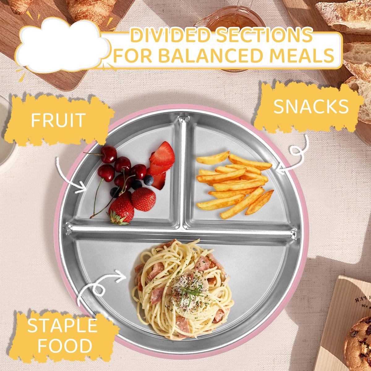 5-Piece Set - Children's Plate - Baby Plate in Stainless Steel - BPA-Free - Non-Slip - Unbreakable - Removable - Suitable for Children 1-3 Years Old - Includes Plate, Bowl, Cup, Fork, Spoon - Pink.