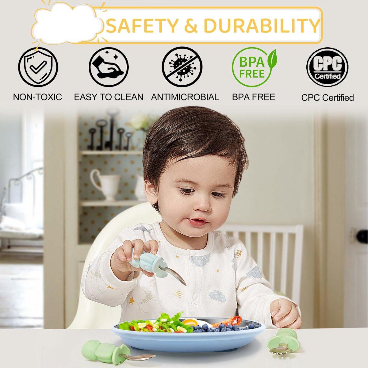 5-Piece Set - Children's Plate - Baby Plate in Stainless Steel - BPA-Free - Non-Slip - Unbreakable - Removable - Suitable for Children 1-3 Years Old - Includes Plate, Bowl, Cup, Fork, Spoon - Pink.