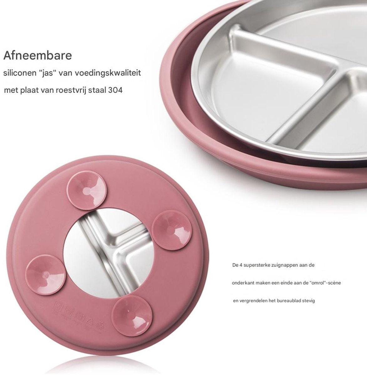 5-Piece Set - Children's Plate - Baby Plate in Stainless Steel - BPA-Free - Non-Slip - Unbreakable - Removable - Suitable for Children 1-3 Years Old - Includes Plate, Bowl, Cup, Fork, Spoon - Pink.