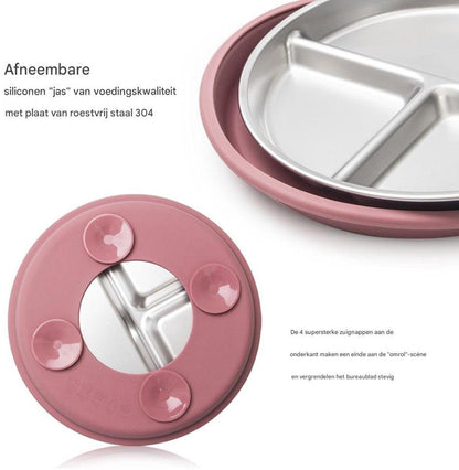 5-Piece Set - Children's Plate - Baby Plate in Stainless Steel - BPA-Free - Non-Slip - Unbreakable - Removable - Suitable for Children 1-3 Years Old - Includes Plate, Bowl, Cup, Fork, Spoon - Pink.