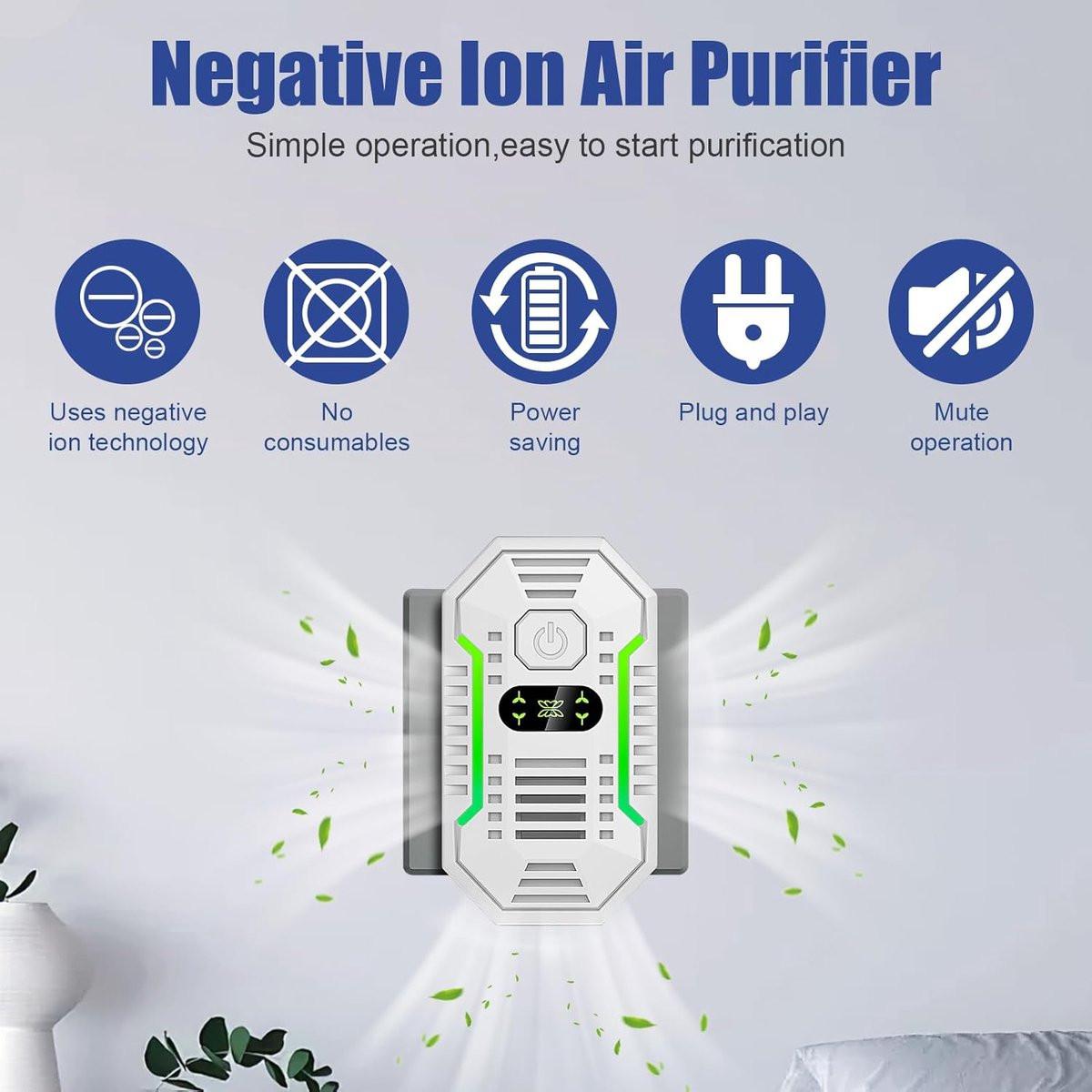 Air purifier - Plug-in negative ion air purifier - Home air purifier - Deodorizer - Ionizer - For pets, bathroom, office, bedroom - Wit.