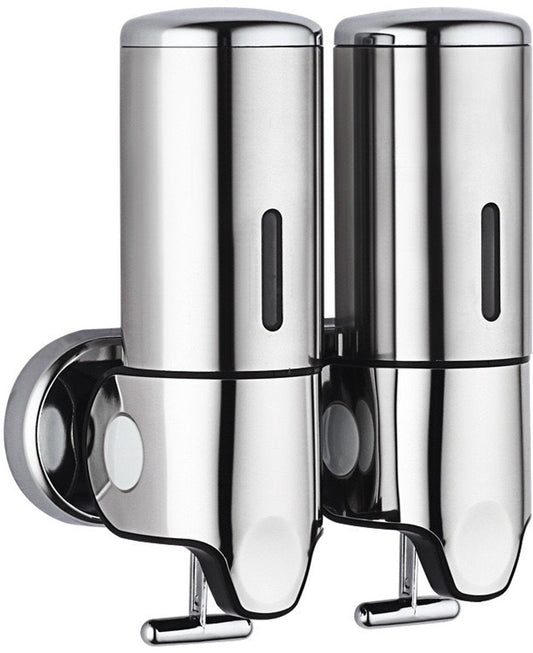 2-in-1 Soap Dispenser - Liquid Dispenser - 2 x 500 ml - 2 Reservoirs - Wall Mounted - Kitchen - Bathroom - Shower - Stainless Steel - 25 x 18.5 x 9 cm - Silver - Hanging Soap Dispenser