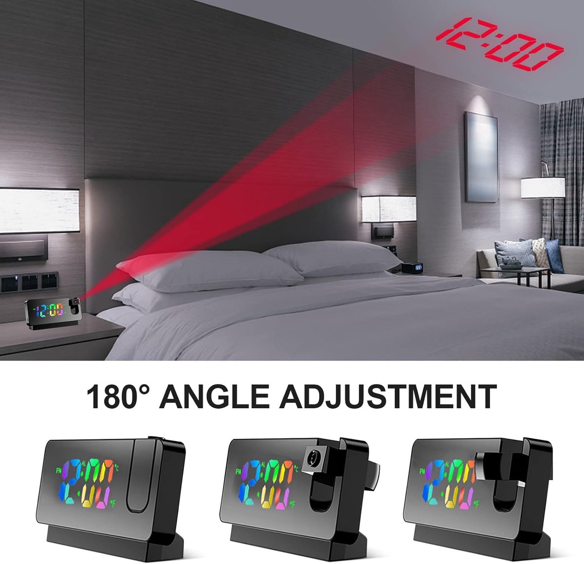Wekker projection alarm clock, LED mirror alarm clock, alarm clock with projection function, projection clock with temperature, snooze, night mode, adjustable brightness, digital alarm clock for bedroom.