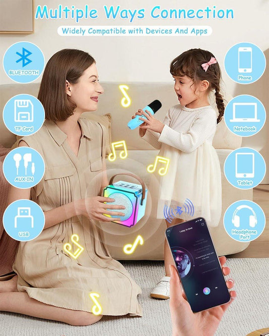 Children's karaoke machine with 2 microphones, portable karaoke machine with LED lights and voice changing effects, ideal gift for children (boys and girls) aged 5 to 12..
