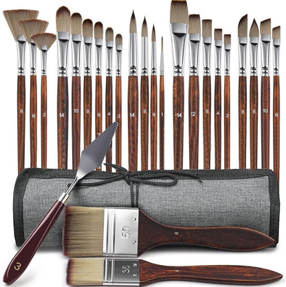 Acrylic Brush Set - 25 Premium Synthetic Brushes with Fabric Tray and Drawing Board, Suitable for Acrylic, Watercolor, Oil, and Gouache | No Hair Shedding | Acrylic Brushes