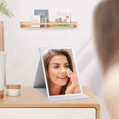 Folding tabletop mirror with PU leather cover – 125 x 17 cm – Portable travel mirror with stand – Makeup mirror for office and camping