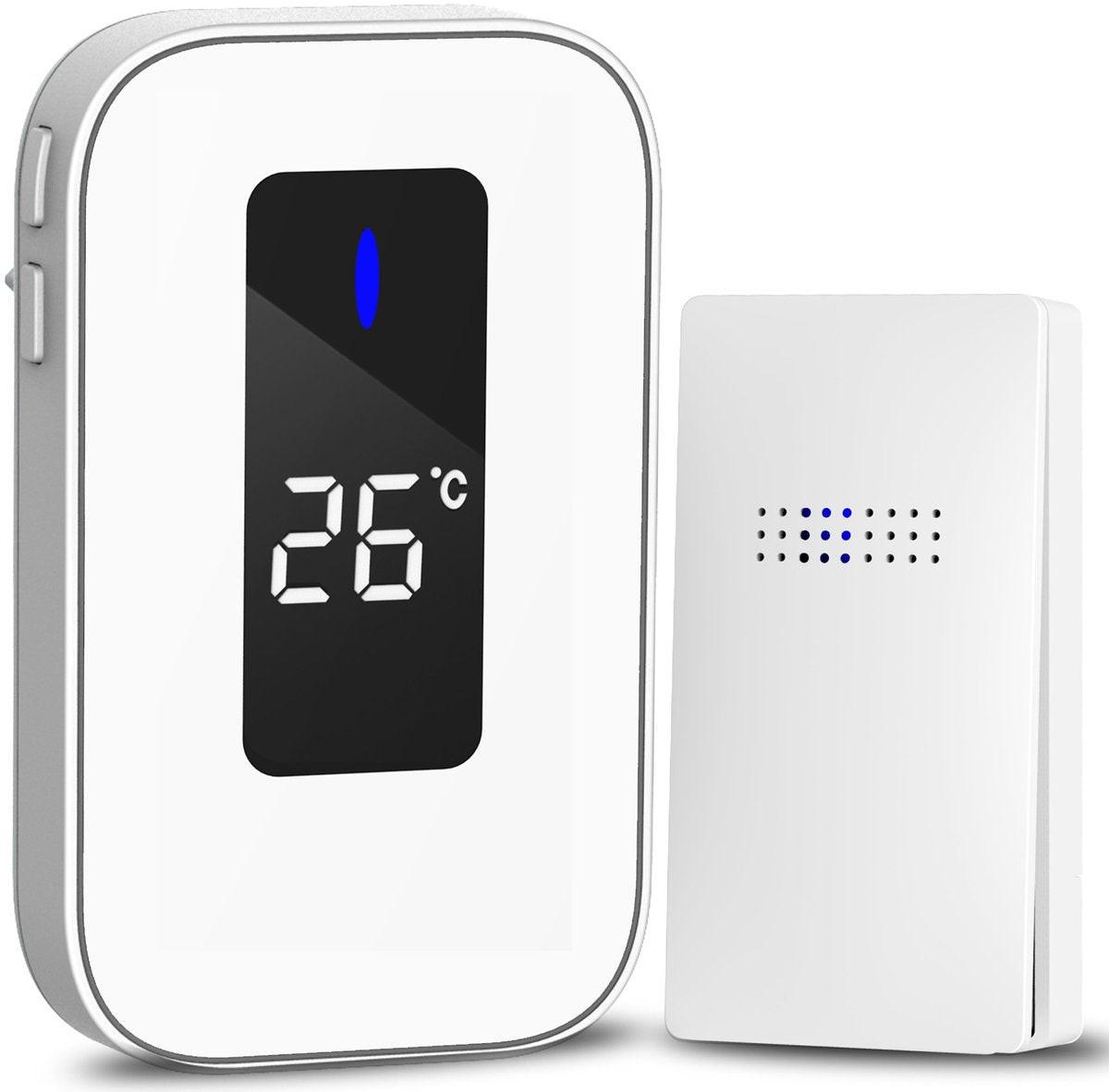 Wireless Doorbell - Doorbells - Wireless Doorbell - Battery-Free Wireless Doorbell - Self-winding Doorbell Button with Electronic Chime - Temperature Display - For Home and Office (White, 1+1).