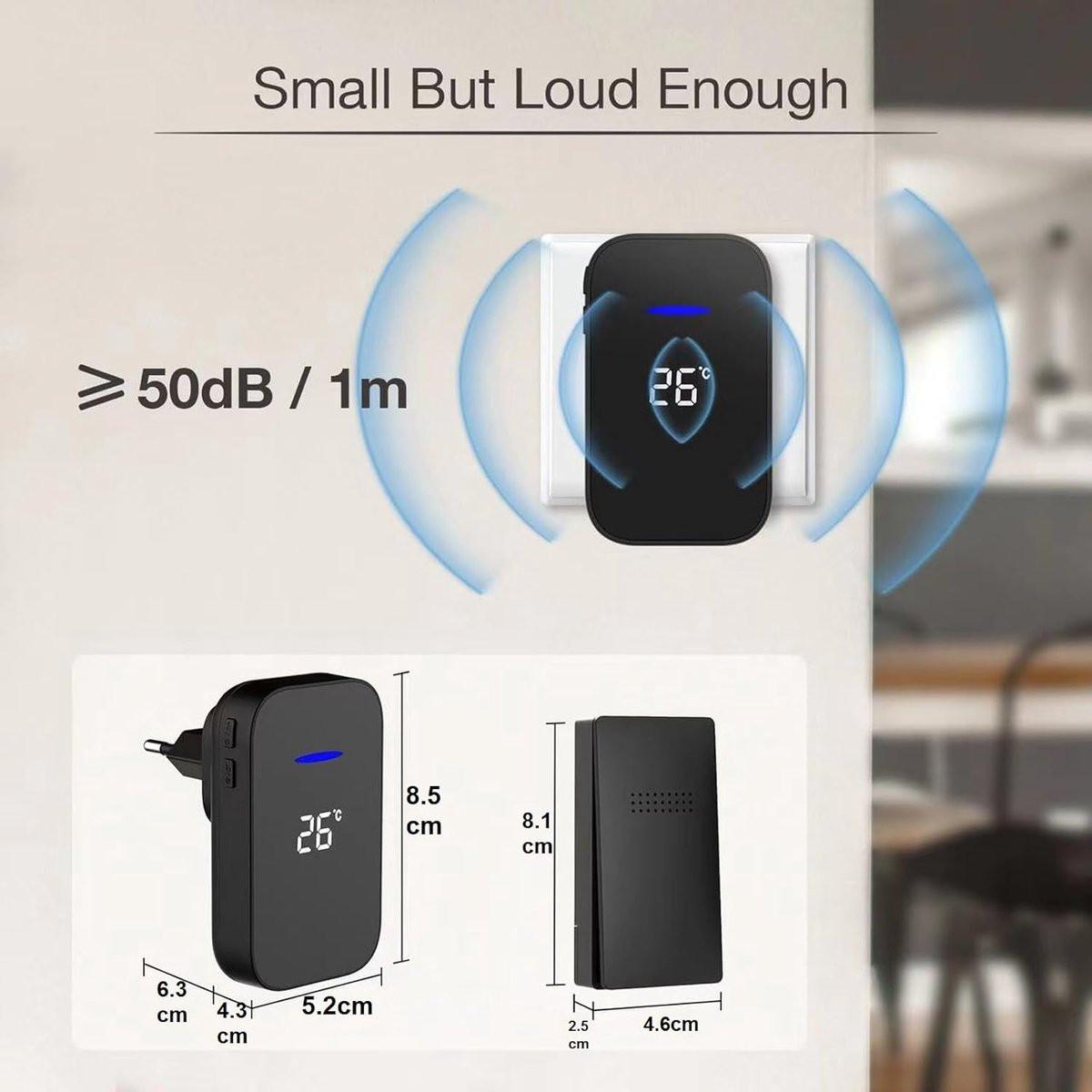 Wireless Doorbell - Doorbells - Wireless Doorbell - Battery-Free Wireless Doorbell - Self-winding Doorbell Button with Electronic Chime - Temperature Display - For Home and Office (White, 1+1).