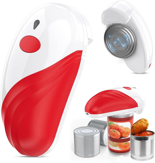 Automatic electric can opener with touch control for all can sizes (red).